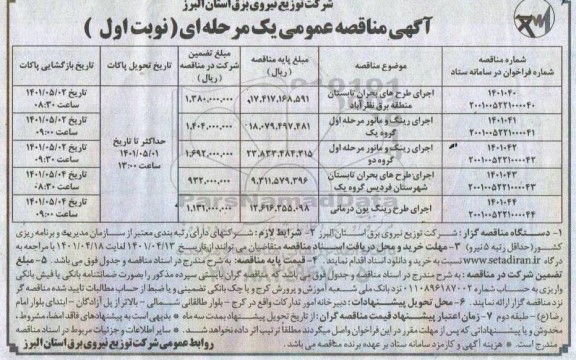 مناقصه عمومی یک مرحله ای اجرای طرح های بحران تابستان ...