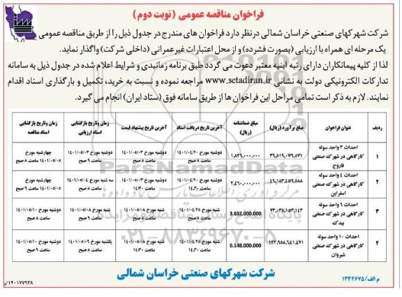 فراخوان مناقصه احداث 3 واحد سوله کارگاهی در شهرک صنعتی و .... - نوبت دوم
