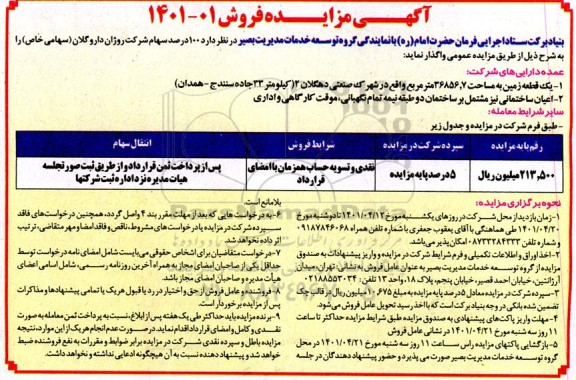 مزایده فروش 100 درصد سهام شرکت