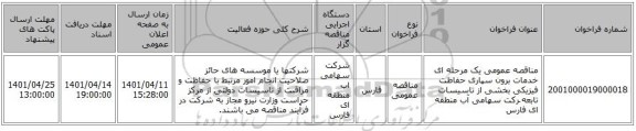 مناقصه، مناقصه عمومی یک مرحله ای خدمات برون سپاری حفاظت فیزیکی بخشی از تاسیسات تابعه َرکت سهامی آب منطقه ای فارس