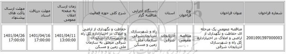 مناقصه، مناقصه عمومی یک مرحله ای حفاظت و نگهداری از اراضی و املاک در اختیاراداره کل راه و شهرسازی آذربایجان شرقی