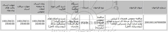 مناقصه، مناقصه عمومی همزمان با ارزیابی (یکپارچه) یک مرحله ای تست و اصلاح لوازم اندازه گیری مشترکین عادی (برونسپاری کامل)