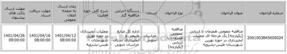 مناقصه، مناقصه عمومی همزمان با ارزیابی (یکپارچه) یک مرحله ای عملیات آبخیزداری در حوزه نهرین شهرستان طبس-بشرویه