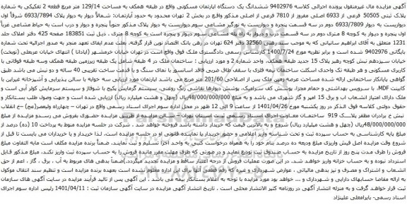آگهی مزایده ششدانگ یک دستگاه اپارتمان مسکونی واقع در طبقه همکف به مساحت 129/14 متر مربع قطعه 2 تفکیکی