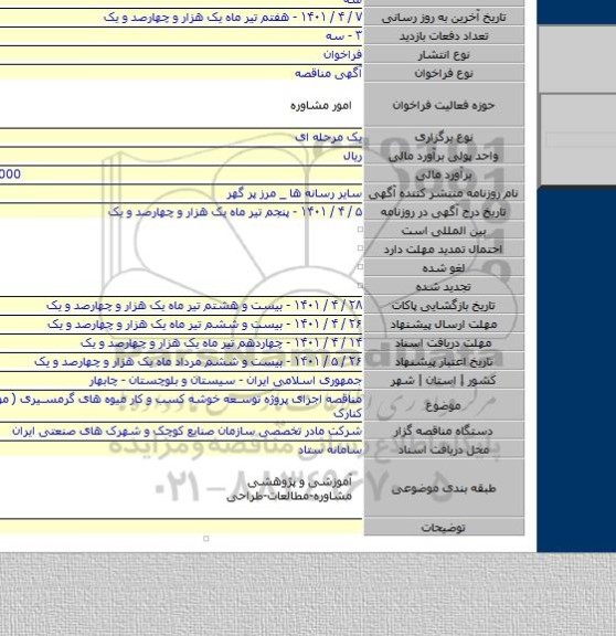 مناقصه, مناقصه اجرای پروژه توسعه خوشه کسب و کار میوه های گرمسیری ( موز ) چابهار و کنارک