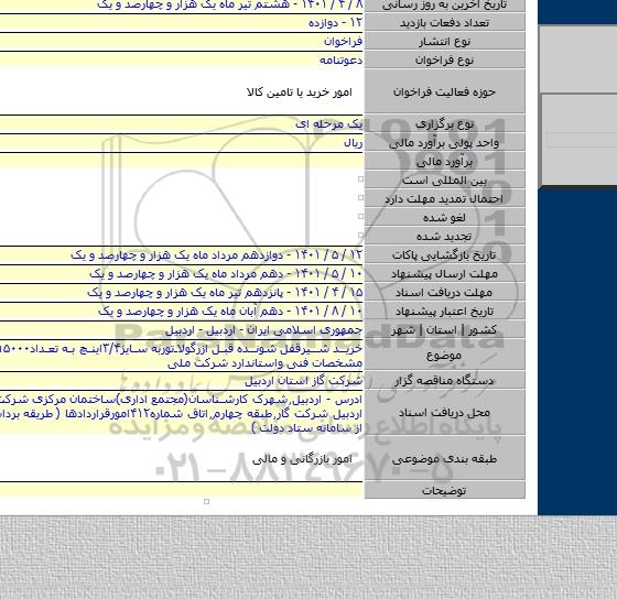 مناقصه, خرید شیرقفل شونده قبل ازرگولاتوربه سایز۳/۴اینچ به تعداد۱۵۰۰۰عددمطابق مشخصات فنی واستاندارد شرکت ملی