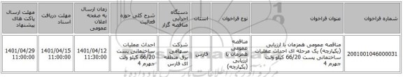 مناقصه، مناقصه عمومی همزمان با ارزیابی (یکپارچه) یک مرحله ای احداث عملیات ساختمانی پست 66/20 کیلو ولت جهرم 4