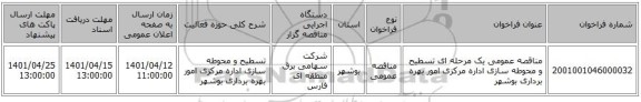 مناقصه، مناقصه عمومی یک مرحله ای تسطیح و محوطه سازی اداره مرکزی امور بهره برداری بوشهر