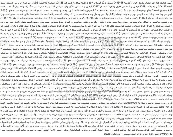آگهی مزایده شش دانگ آپارتمان واقع در طبقه پنجم به مساحت 124.28 مترمربع که مقدار 14/92 متر مربع