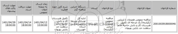 مناقصه، مناقصه عمومی همزمان با ارزیابی (یکپارچه) یک مرحله ای تکمیل هنرستان کار و دانش حاجیه خانم سلطنت جد بابایی بهبهان