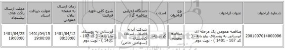 مناقصه، مناقصه عمومی یک مرحله ای آبرسانی به روستای بیلو بانه - ( کد 107 - 1401 ) - نوبت دوم