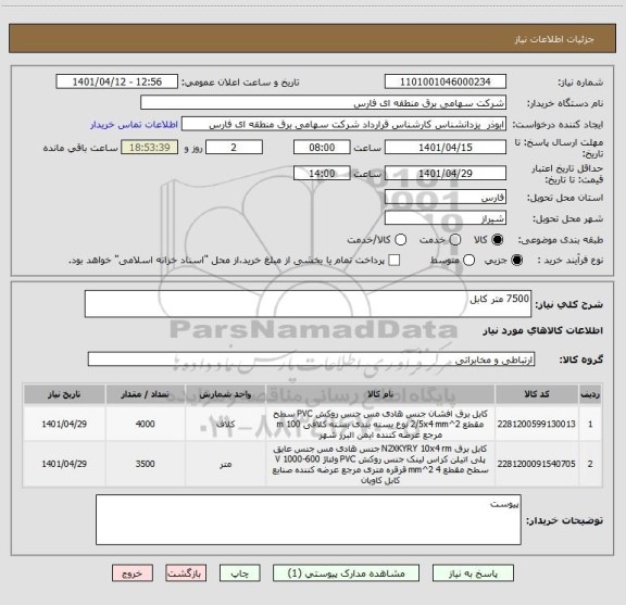 استعلام 7500 متر کابل