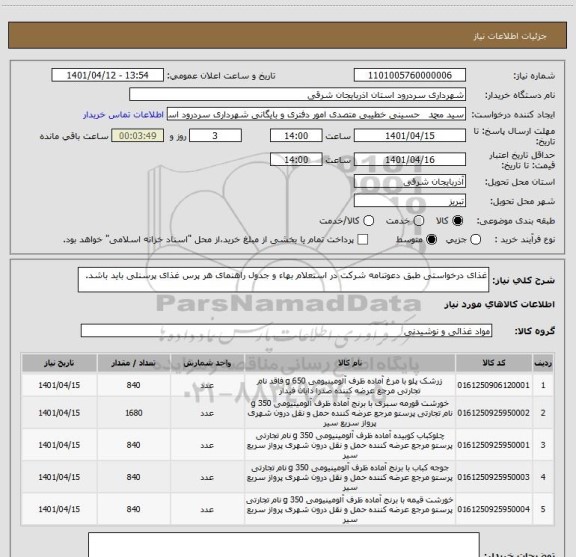 استعلام غذای درخواستی طبق دعوتنامه شرکت در استعلام بهاء و جدول راهنمای هر پرس غذای پرسنلی باید باشد.
