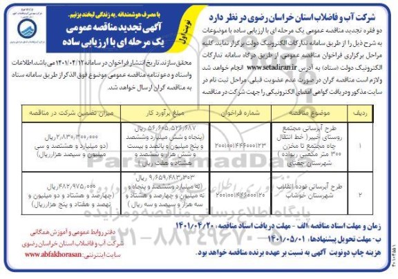 تجدید مناقصه طرح آبرسانی مجتمع روستای... 