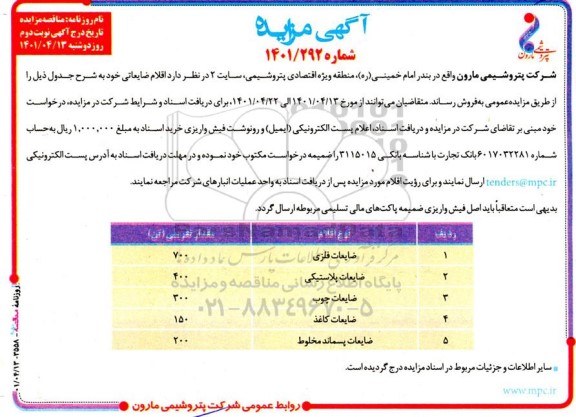 مزایده , مزایده ضایعات فلزی ..نوبت دوم