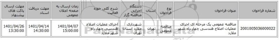 مناقصه، مناقصه عمومی یک مرحله ای  اجرای عملیات اصلاح هندسی چهار راه شهر ملارد