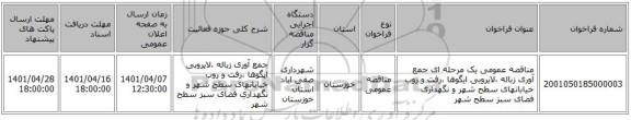 مناقصه، مناقصه عمومی یک مرحله ای جمع آوری زباله ،لایروبی ایگوها ،رفت و روب خیابانهای سطح شهر و نگهداری فضای سبز سطح شهر