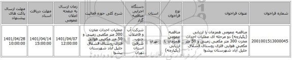 مناقصه، مناقصه عمومی همزمان با ارزیابی (یکپارچه) دو مرحله ای عملیات احداث مخزن 300 متر مکعبی زمینی و 50 متر مکعبی هوایی فلزی روستای قشلاق جلیل آباد شهرستان پیشوا