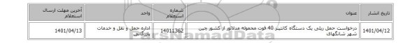 درخواست حمل ریلی یک دستگاه کانتینر 40 فوت محموله مدلاتور از کشور چین شهر شانگهای