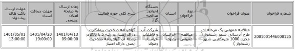 مناقصه، مناقصه عمومی یک مرحله ای طرح آبرسانی شهر رشتخوار ( مخزن 1000 مترمکعبی شهر رشتخوار )