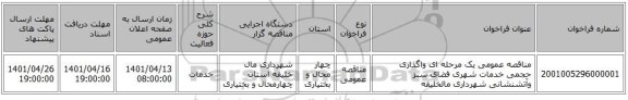 مناقصه، مناقصه عمومی یک مرحله ای واگذاری حجمی خدمات شهری فضای سبز وآتشنشانی شهرداری مالخلیفه