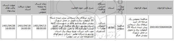 مناقصه، مناقصه عمومی یک مرحله ای خرید تیرهای برق سیمانی پیش تنیده شبکه 20 کیلوولت برق و تحویل در محل شهرک پرورش میگو