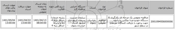 مناقصه، مناقصه عمومی یک مرحله ای بکارگیری 6 دستگاه خودرو مزدا دوکابین با راننده جهت برخورد با بازیافت کنندگان غیرمجاز در سطح شهر