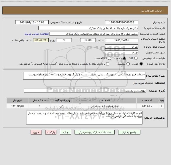 استعلام خدمات فیبر نوری شامل ، سورتینگ ، برش ، فیوژن ، تست و پکینگ روی قرقره و ... به شرح جداول پیوست