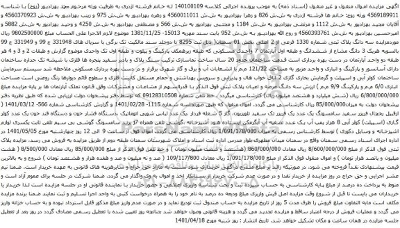 آگهی مزایده سه دانگ پلاک ثبتی شماره 1330 فرعی از 2 اصلی بخش 01