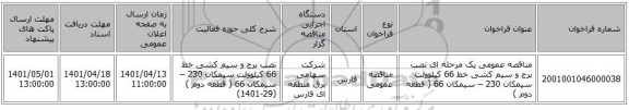 مناقصه، مناقصه عمومی یک مرحله ای نصب برج و سیم کشی خط 66 کیلوولت سیمکان 230 – سیمکان 66 ( قطعه دوم )