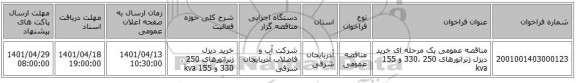 مناقصه، مناقصه عمومی یک مرحله ای خرید دیزل ژنراتورهای 250 ،330 و 155 kva