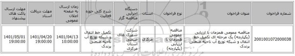 مناقصه، مناقصه عمومی همزمان با ارزیابی (یکپارچه) یک مرحله ای تکمیل خط انتقال و شبکه توزیع آب ناحیه صنعتی پرندک