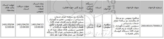 مناقصه، مناقصه عمومی دو مرحله ای واگذاری دو سالانه انجام خدمات پشتیبانی ، سرویس، تعمیر و نگهداری سخت افزاری و نرم افزاری تعداد 125 دستگاه کیوسک بانکی همراه با