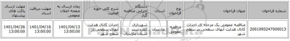 مناقصه، مناقصه عمومی یک مرحله ای احداث کانال هدایت آبهای سطحی در سطح شهر