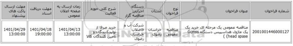 مناقصه، مناقصه عمومی یک مرحله ای خرید یک پک ماژول هداسپیس دستگاه Gcmss (head spase  )