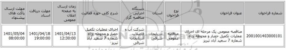 مناقصه، مناقصه عمومی یک مرحله ای اجرای عملیات تکمیل حصار و محوطه چاه شماره 7 سعید آباد تبریز