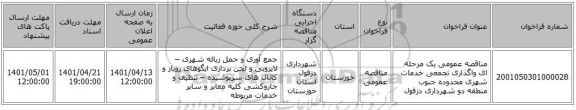 مناقصه، مناقصه عمومی یک مرحله ای واگذاری تجمعی خدمات شهری محدوده جنوب منطقه دو شهرداری دزفول