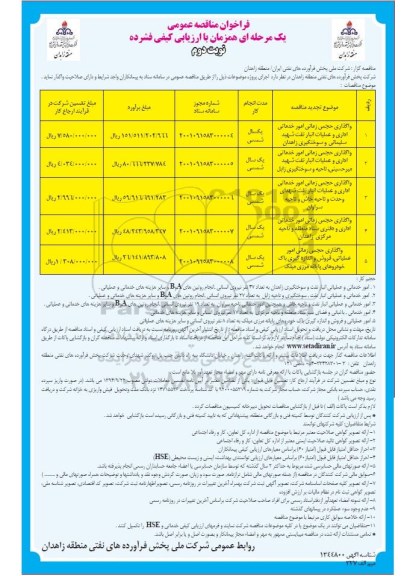 مناقصه واگذاری حجمی زمانی امور خدماتی اداری و عملیات انبار نفت - نوبت دوم