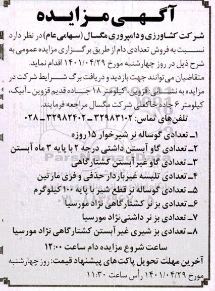 مزایده فروش تعدادی دام