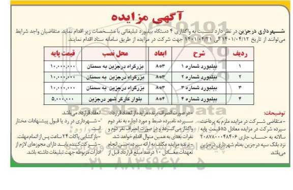 مزایده واگذاری 4 دستگاه بیلبورد تبلیغاتی 