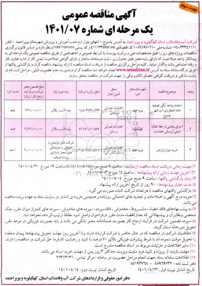 مناقصه احداث واحد آبگیر تصفیه خانه اضطراری آب ...