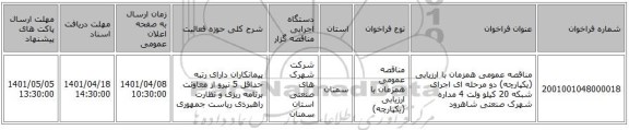 مناقصه، مناقصه عمومی همزمان با ارزیابی (یکپارچه) دو مرحله ای اجرای شبکه 20 کیلو ولت 4 مداره شهرک صنعتی شاهرود
