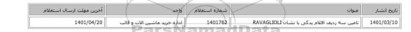 تامین سه ردیف اقلام یدکی با نشان RAVAGLIOLI