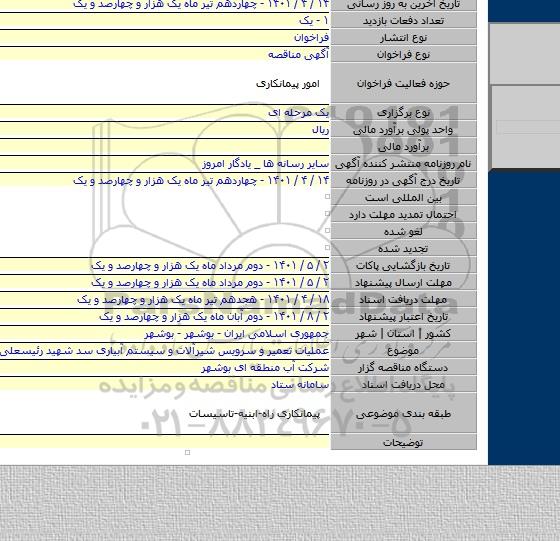 مناقصه, عملیات تعمیر و سرویس شیرآلات و سیستم آبیاری سد شهید رئیسعلی دلواری