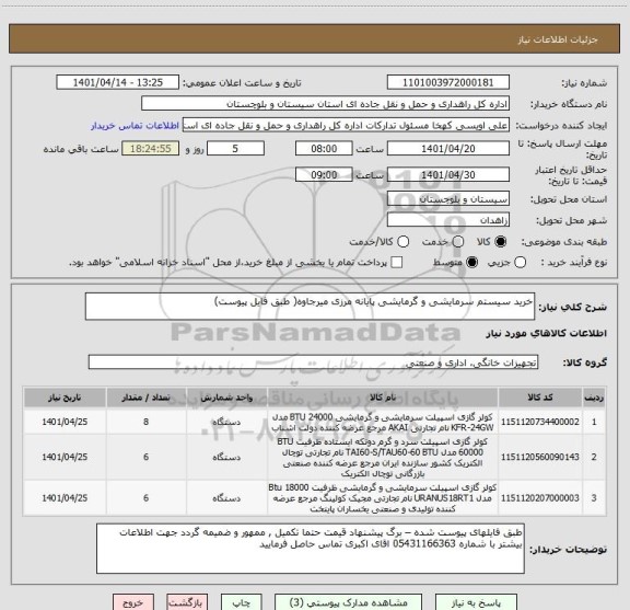 استعلام خرید سیستم سرمایشی و گرمایشی پایانه مرزی میرجاوه( طبق فایل پیوست)