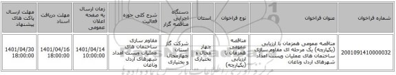 مناقصه، مناقصه عمومی همزمان با ارزیابی (یکپارچه) یک مرحله ای مقاوم سازی ساختمان های عملیات وپست امداد شهرهای اردل وناغان