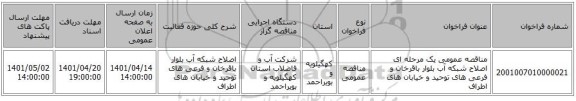 مناقصه، مناقصه عمومی یک مرحله ای اصلاح شبکه آب بلوار باقرخان و فرعی های توحید و خیابان های اطراف