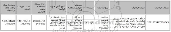 مناقصه، مناقصه عمومی همزمان با ارزیابی (یکپارچه) یک مرحله ای اجرای آسفالت محوطه مدارس مناطق آموزشی بیجار ، دیواندره و کرانی