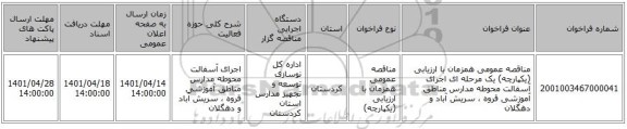 مناقصه، مناقصه عمومی همزمان با ارزیابی (یکپارچه) یک مرحله ای اجرای آسفالت محوطه مدارس مناطق آموزشی قروه ، سریش آباد و دهگلان