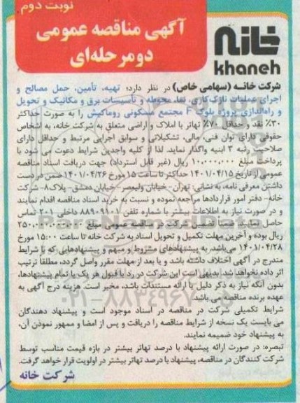 مناقصه تهیه، تامین، حمل مصالح و اجرای عملیات نازک کاری ... نوبت دوم